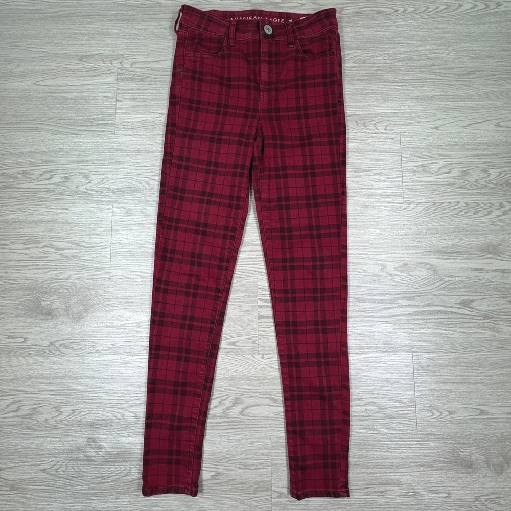 American Eagle Women's Hi-Rise Jegging Red Black Plaid Size 4 Next Level Stretch